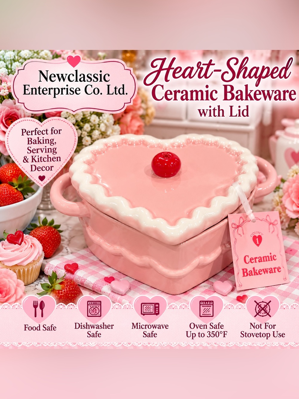 Heart-Shaped Ceramic Bakeware with Cherry on Top Lid. Pink/White Love NWT